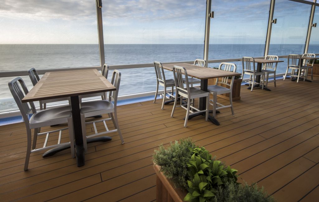 Quantum of the Seas, Jamie''s Italian, the tables outside on deck, the restaurant also has inside tables, Jamie''s Italian Table, dynamic dining speciality restaurant