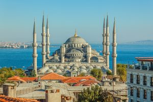 ISTANBUL, TURKEY - SEPTEMBER 28, 2013: Blue mosque in glorius sunset, Istanbul, Sultanahmet park. The biggest mosque in Istanbul of Sultan Ahmed, Ottoman Empire.
